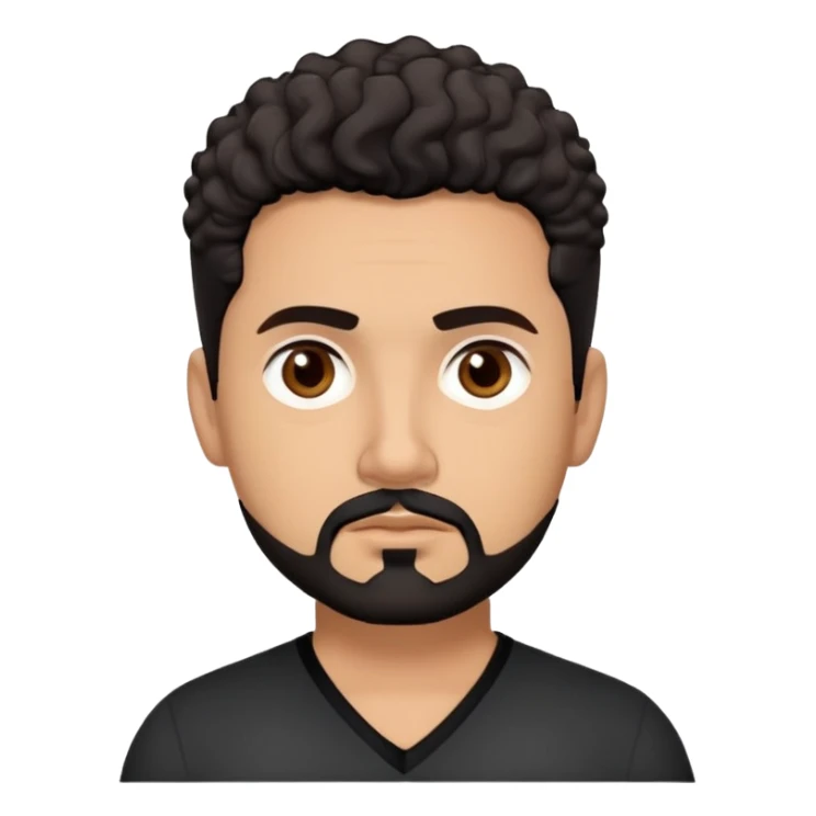 Latino theatre director with light cinnamon skin. Structured face with defined features. Critical dark brown eyes. Thoughtful expression. Well-groomed black goatee with some gray. Short curly dark hair. Wearing a black V-neck shirt with minimal design. sticker