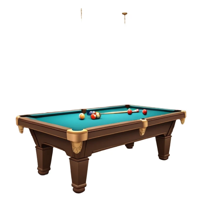 A well-arranged pool table with colorful billiard balls neatly placed, and a cue stick poised to take a shot. The setting is a dimly lit room with a focused atmosphere, highlighting the precision and strategy involved in the game of billiards. sticker