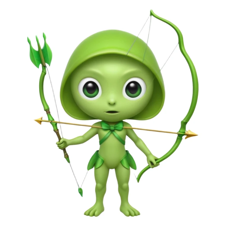3D emoji-style green alien holding a bow and arrow, glossy texture, smooth skin, large expressive eyes, small humanoid body, minimalist background, soft lighting, Pixar-style rendering, high detail, cute but slightly serious expression, clean centered composition sticker