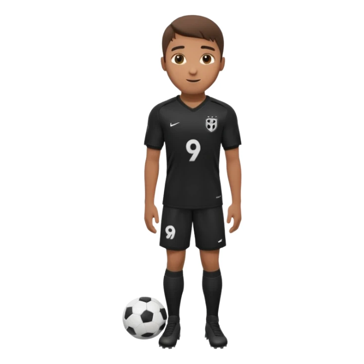Apple iOS style 22 year old soccer player standing confident, black jersey #9, premium 3D sticker