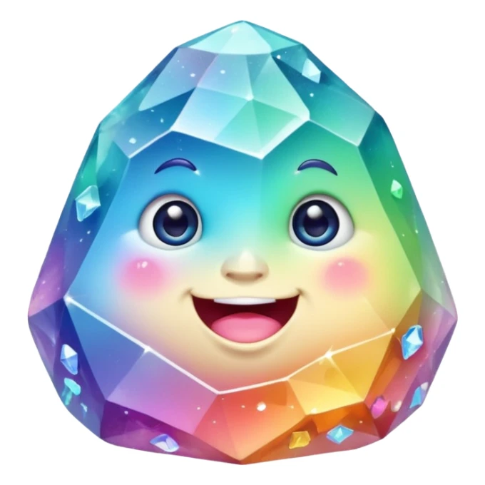 A single pastel rainbow crystal rock character, chubby and heavy with a chunky, irregular polygon shape,covered in faceted crystal planes and small chips, big glossy rainbow eyes and a small smiling mout sticker