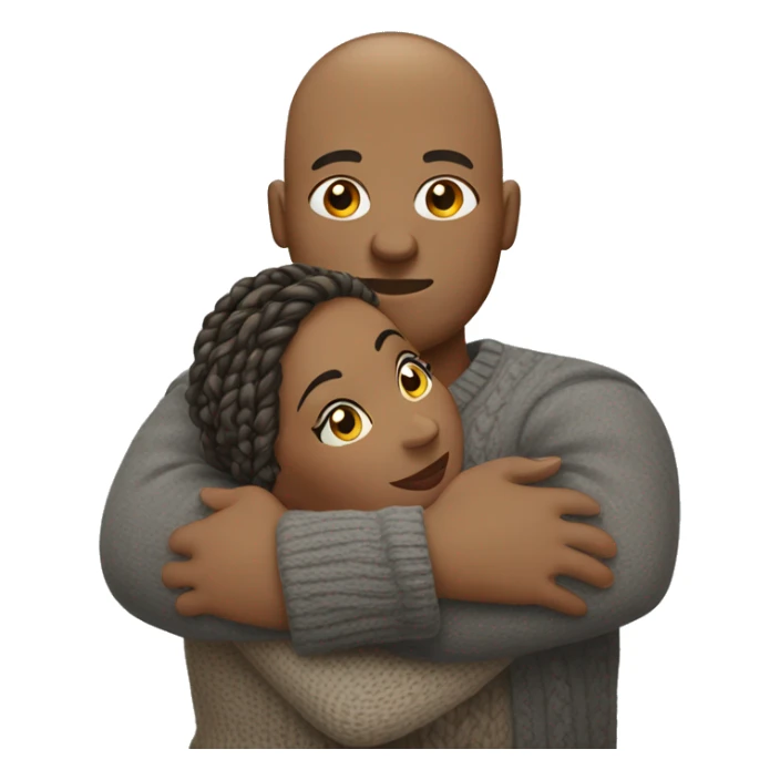 Black bald man in grey sweater hugging a overweight light brown woman with braids in a sweater dress sticker