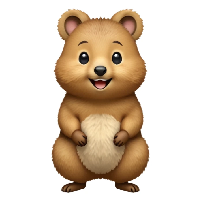 cinematic-quokka-realistic-emoji,-small-round-frame-balanced-on-tiny-strong-hind-legs, head tilted in an endearing manner, comical smil, giant-fluffy-cheeks-large-smile-fluffy-brown-fur-radiating-a-warm-softness,-big-round-eyes-filled-with-joy, realistic emoji zoomed in sticker
