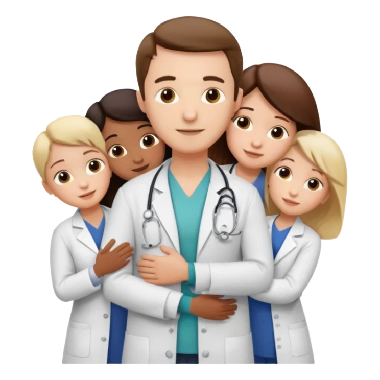 smedico abraçando varios pacientes, ele usando jaleco, e os pacientes usando roupas comuns sticker