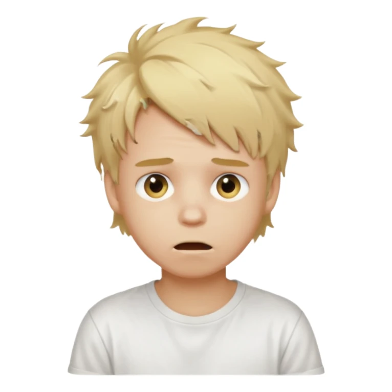 create boy blonde hair messy, light eyes, white t shirt, mouth slightly open to the left sticker