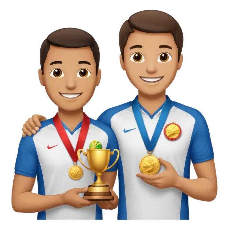 winner ceremony with one guy handing another guy a trophy. One of them having a medal around his neck. the other not sticker