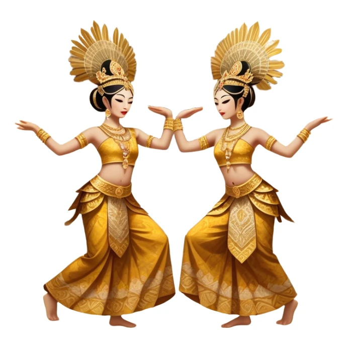 ​Cinematic Realistic Traditional Javanese Dancers, depicted as two graceful dancers in ornate traditional costumes with intricate batik patterns and elaborate headpieces, captured in dynamic poses during a ritual dance in an ancient temple courtyard, rendered with soft golden lighting and rich cultural textures, sticker