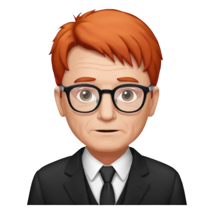 red-haired old man wearing glasses and black-white dress code sticker