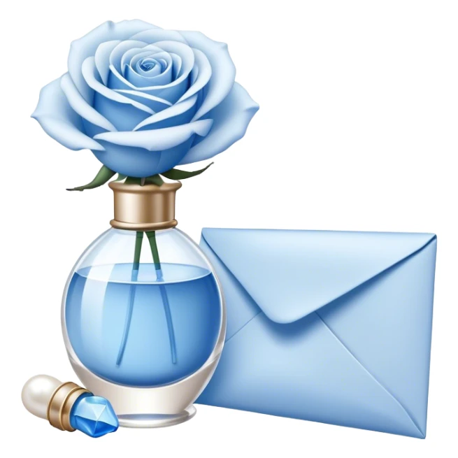white-blue rose next to a pearl-colored envelope and a flacon of aesthetically pleasing perfume in powder blue  sticker