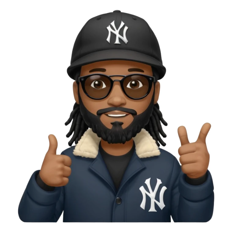 African American man with shoulder length black dreadlocks with black beard wearing  dark black sunglasses with a black bubble winter coat wearing a New York Yankees baseball cap giving the thumbs up sticker