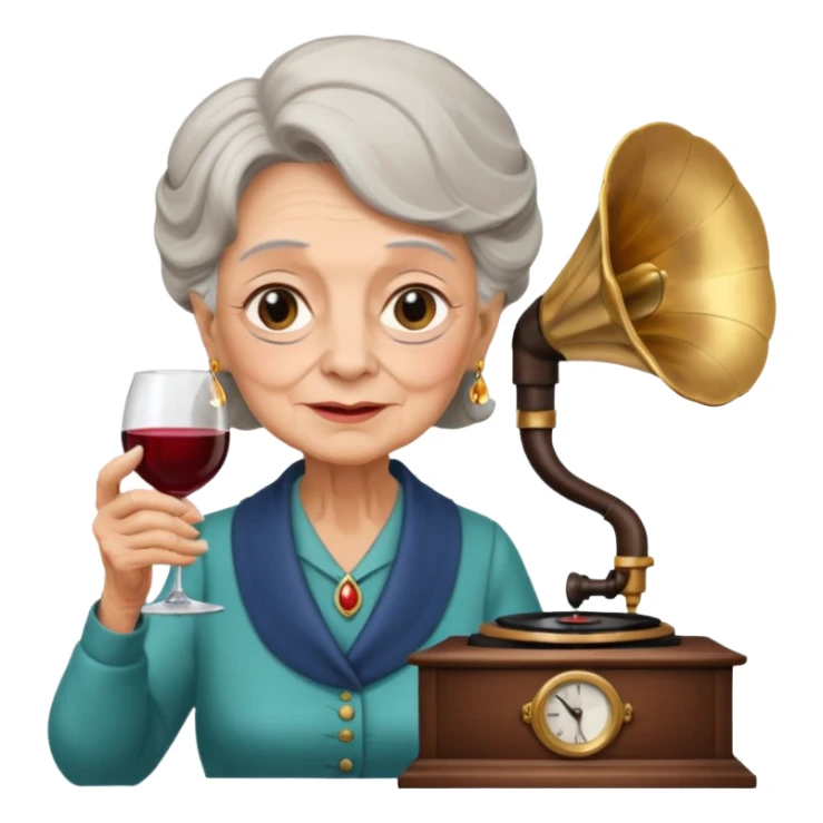 old lady with wineglass listening to gramophone sticker