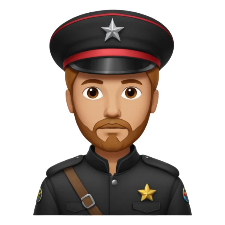 A full body tall guy with a red goatee. He wears a black military barret dressed like a star wars smuggler  sticker