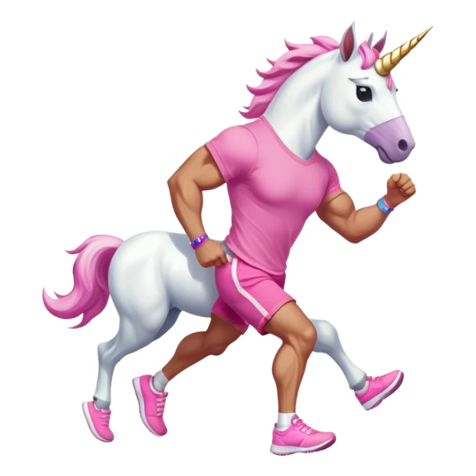 full body friendly anthropomorphised masculine unicorn with white horse-like face, muscular build, wearing pink t-shirt, shorts, trainers, dark sunglasses, running sticker