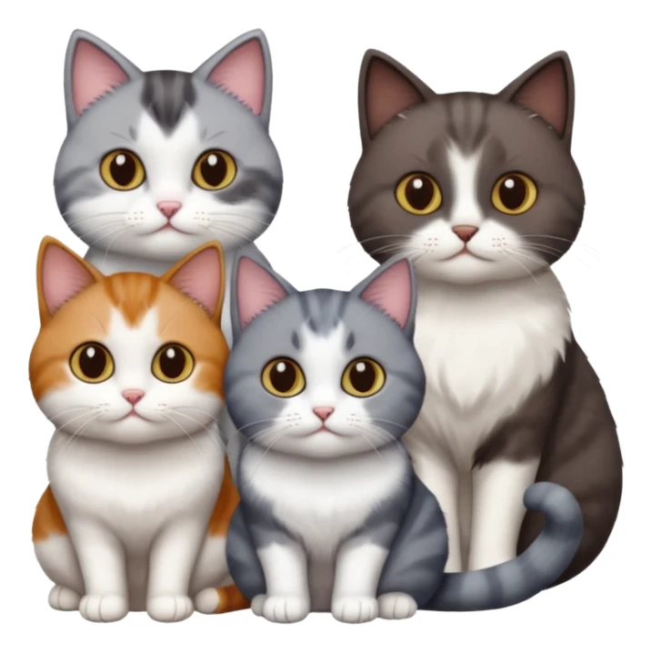 4 different coloured short haired cats including; a dark brown and white cat, and a dark grey and white  sticker