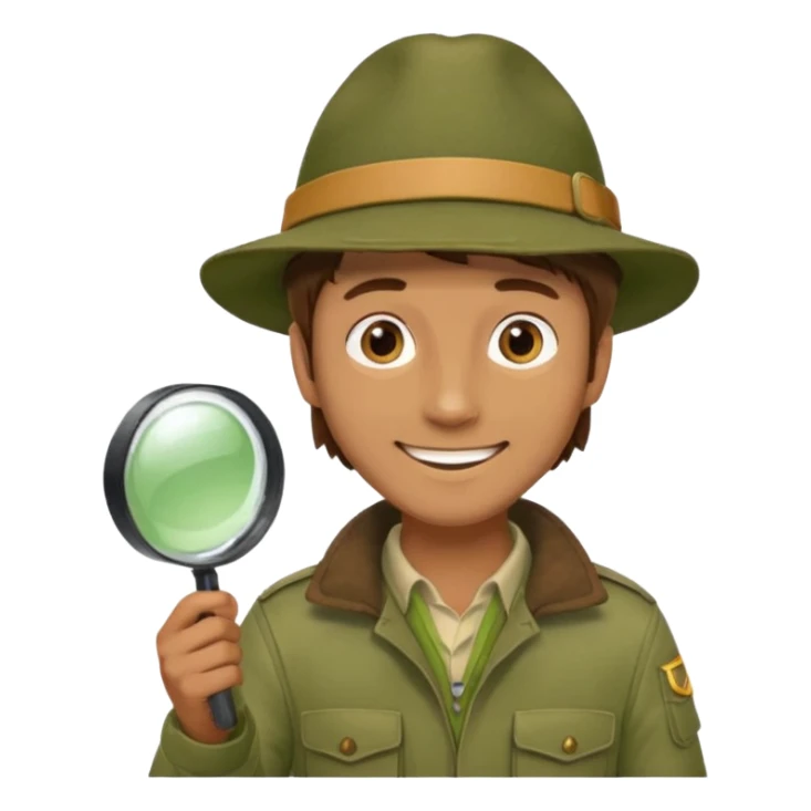  man with brown hair in beige moss green explorer outfit, hat, holding magnifying glass, smile sticker