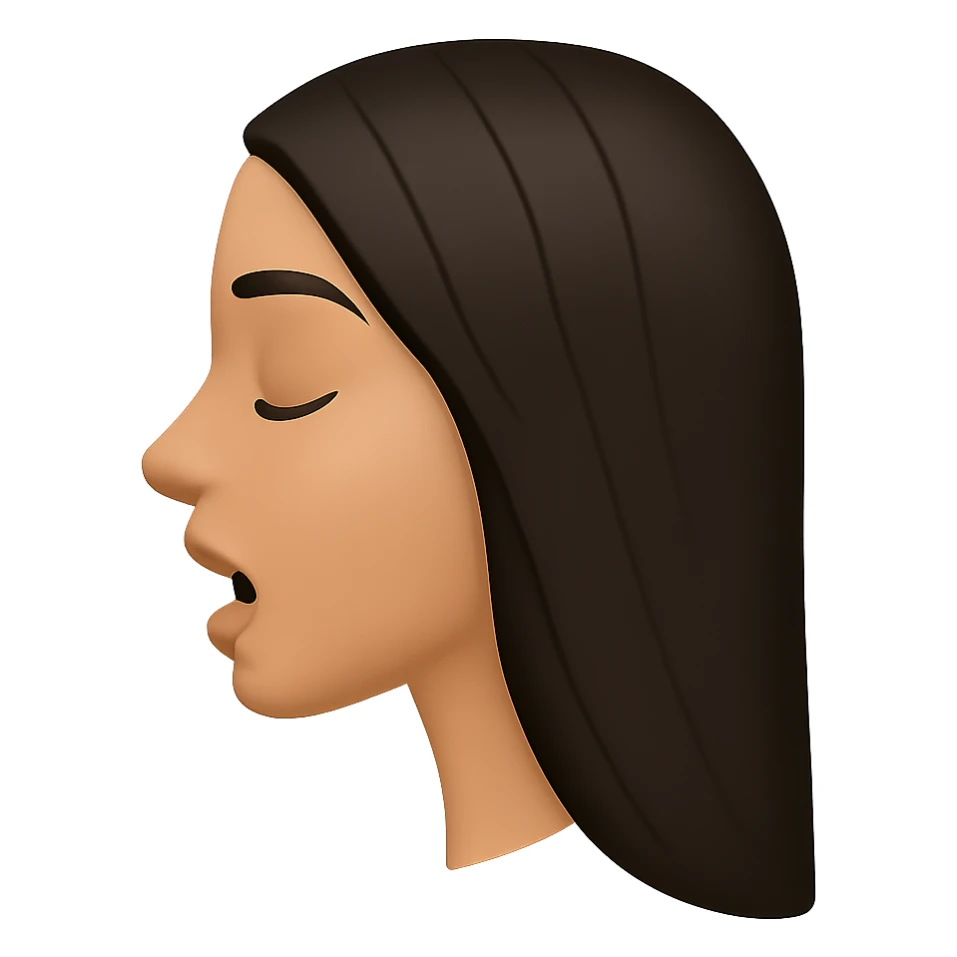Create a side view (profile) of this woman's head in the normal iPhone emoji style, with closed eyes and an open mouth, smooth shading, no outlines, and long dark hair. Variant 1. The style should replicate the smooth shading and no outlines typical of the iPhone emoji style. sticker