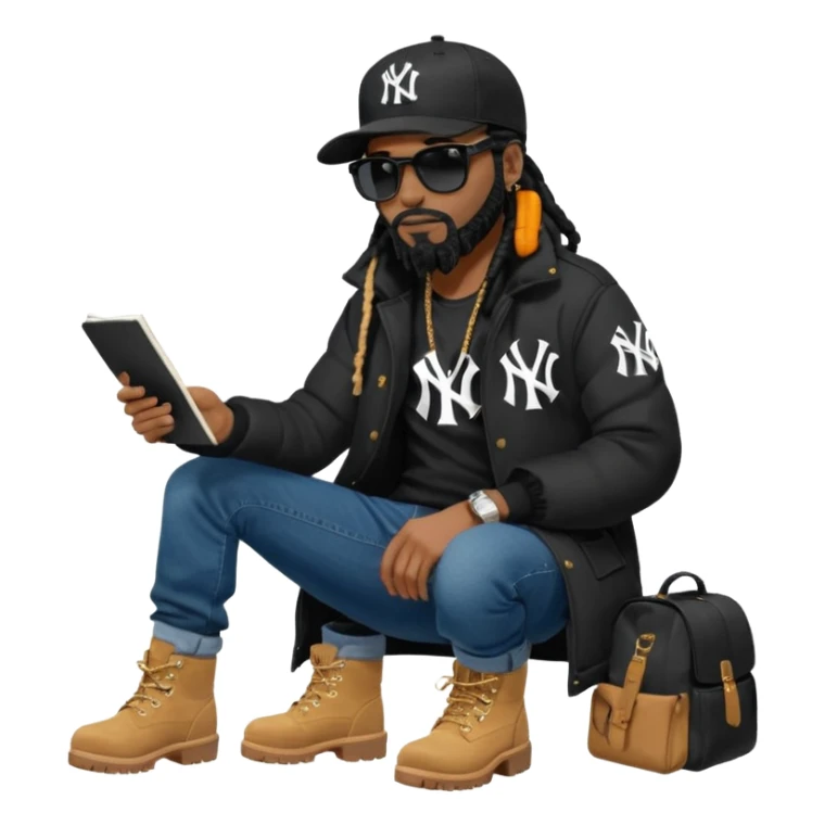 African American man with shoulder length black dreadlocks with black beard wearing black sunglasses wearing a black New York Yankees logo baseball cap wearing a black bubble winter coat with denim skinny jeans and wheat timberland boots writing a letter sticker