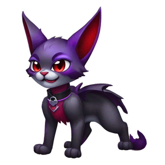 Anthro-Cute-Edgy-Cool-Vampiric-Batty-Cat-Black-Purple-Red-Grey-White-Contrast-Colors-Fantasy-Fur-Sona-Chibi-Shiny-Fakémon-Hybrid with horns and fangs and collar full body sticker