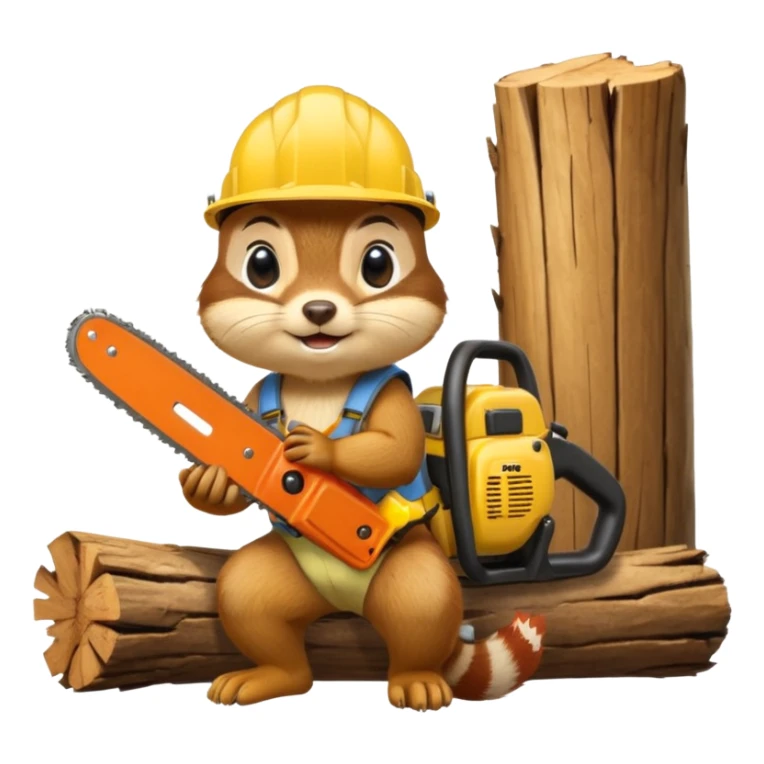  a chipmunk in a construction helmet and with a chainsaw in his hands kneels in front of a log and prays sticker