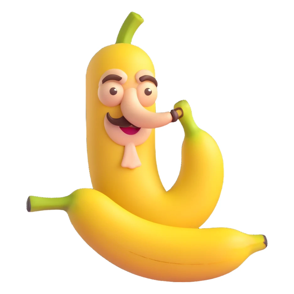 banana with cane, very old, curled mustache, age spots on peel, soft smile, 3D style, minimal background sticker