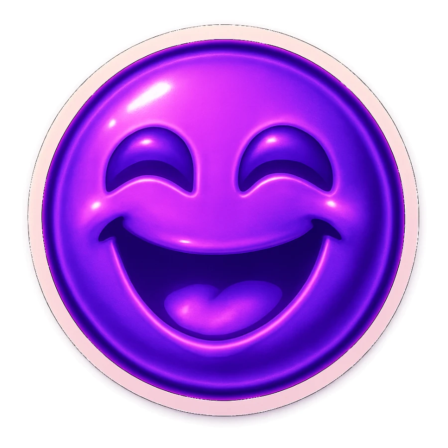 A funny face emote with a neon purple theme, expressing joy, compact and expressive sticker