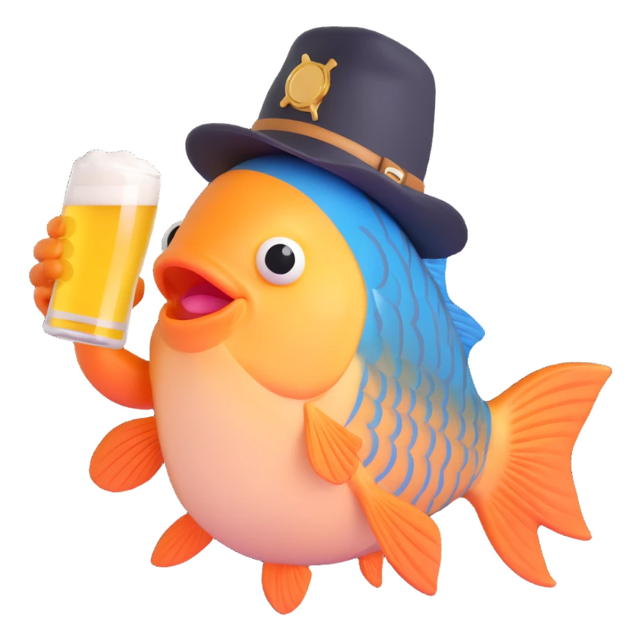 fish holding a beer and wearing a hat sticker