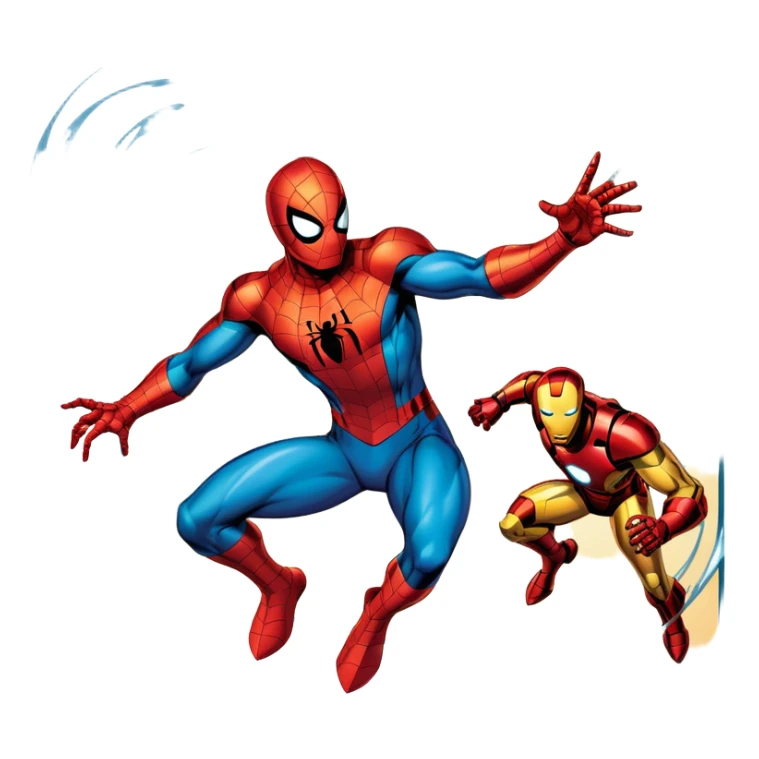 Icon for Vintage Comics and Manga: an open comic book with retro Marvel-style artwork, featuring iconic superheroes like Spider-Man and Iron Man, with action lines. The icon should capture the dynamic and colorful nature of classic comics and manga. Transparent background. sticker