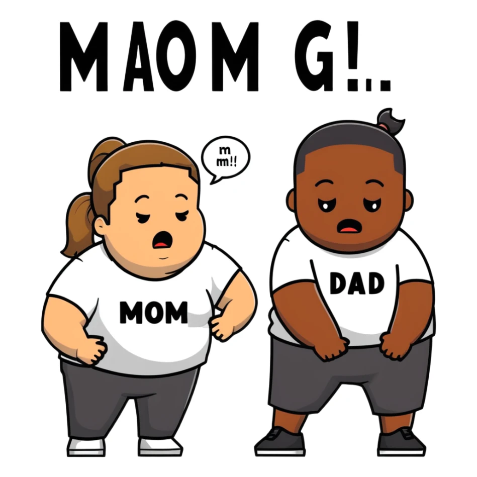 A fat short guy in a black hoodie with a ponytail is crying. Behind him are two black men, one wearing a white t-shirt with "MOM" text, the other wearing a white t-shirt with "DAD" text. sticker