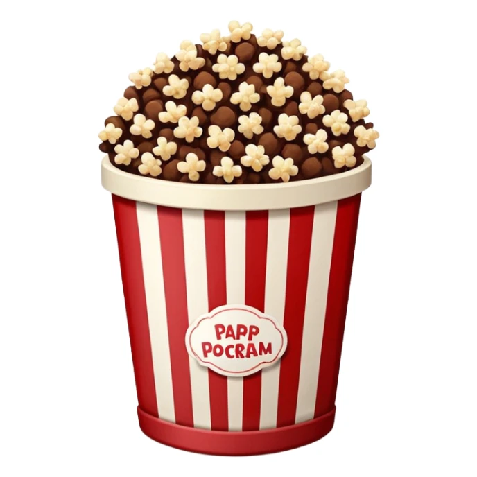 Chocolate brown popcorn in a paper jar with red and white vertical lines sticker