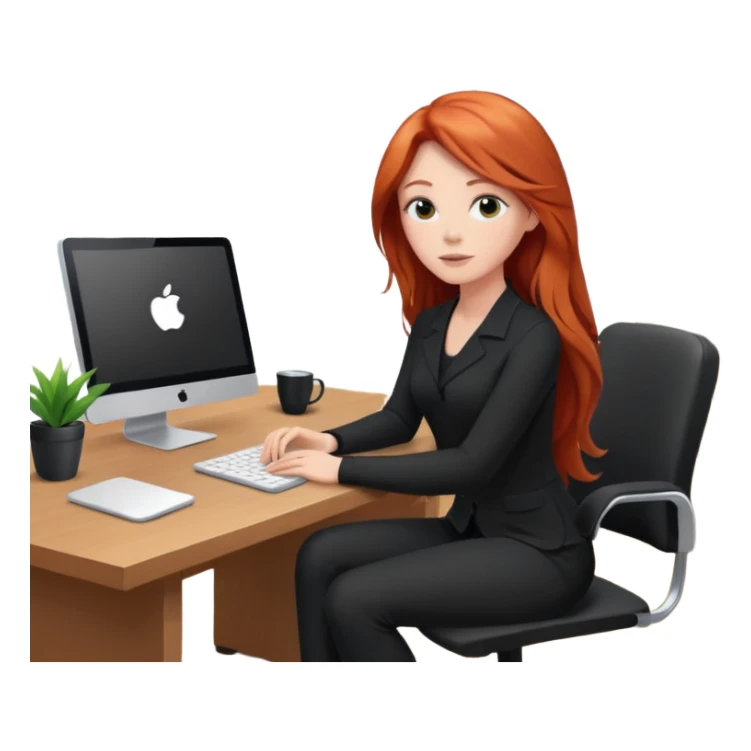 Video call therapy session: red-haired therapist with long hair wearing black minimalist clothing, seated in a professional home office, looking at the webcam; calm, modern teletherapy setting sticker