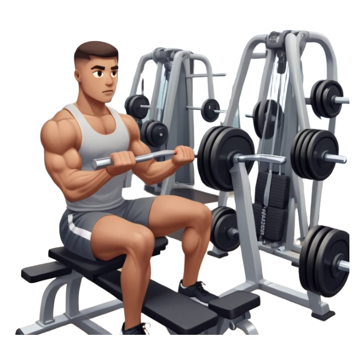 A focused athlete working out on a strength training machine in a modern gym. Muscles engaged, expression determined, demonstrating power and endurance. The gym is filled with equipment like dumbbells, barbells, and mirrors reflecting effort, creating a high-energy atmosphere. sticker