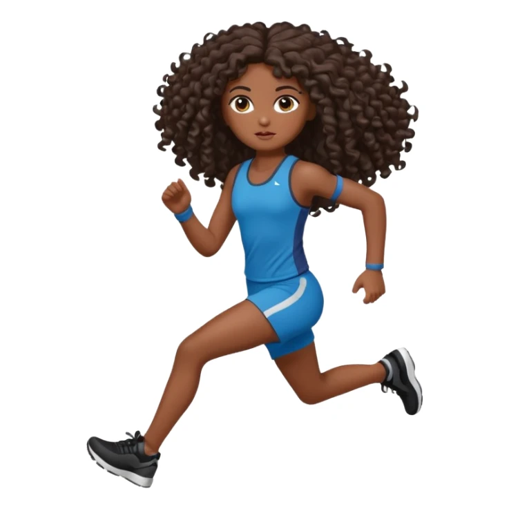 Uma boneca morena escura com olhos castanhos e cabelo cacheado longo até o peito, treinando correndo sticker