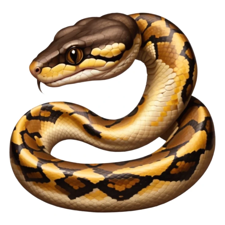 A photo-realistic digital illustration of a Ball Python, large headshot portrait. The snake has a short, rounded snout, smooth contours, and a calm, curious expression. Its head is warm brown with bold, irregular dark markings, including the signature “alien-head” pattern.  sticker
