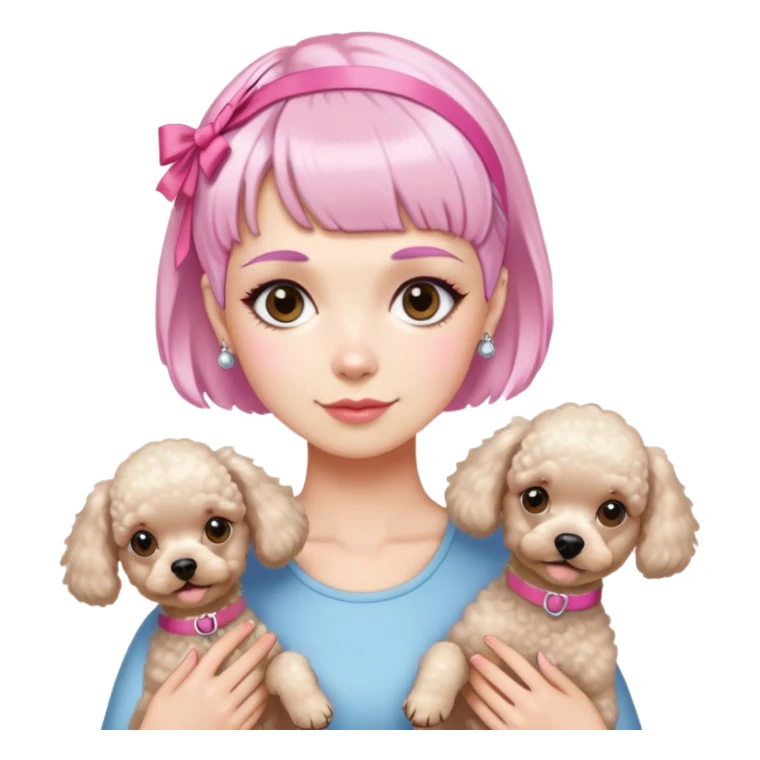 short pixie bangs platinated woman pink hair band，fair-skinned ,no earringsholding two poodles sticker