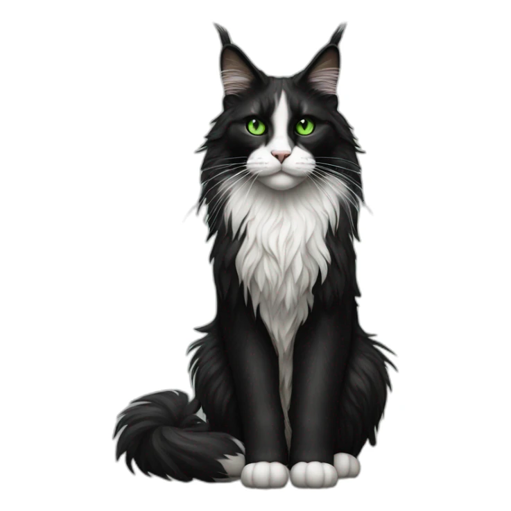 Black and white Maine coon with green eyes, full body, realism sticker