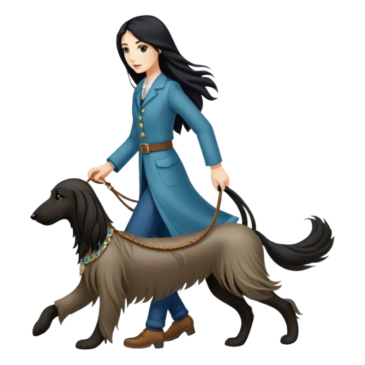 A girl with long black hair walking an Afghan hound sticker