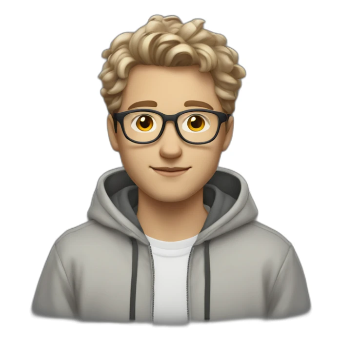 young white guy with medium wavy hair and a fade in light brown color and rounded silver glasses with a grey hoodie on sticker