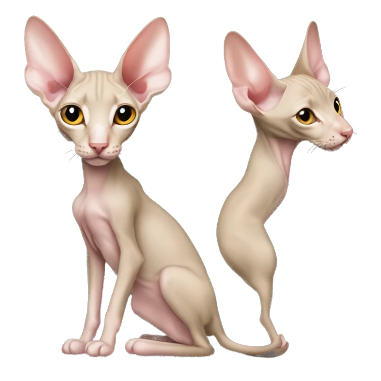 “Realistická Peterbald mačka s nahou kožou, veľké uši, sfarbenie v siamskom štýle (svetlé telo s tmavšími končekmi labiek, uší a chvosta), svetlo modré oči, detailný a emocionálny vzhľad.”  sticker