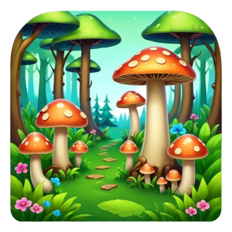A stylized fantasy forest with glowing mushrooms and colorful tree sticker