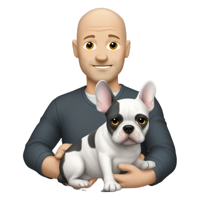 Bald man holding dark grey french bulldog  sticker