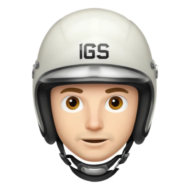 white male racer in helmet, crazy look sticker