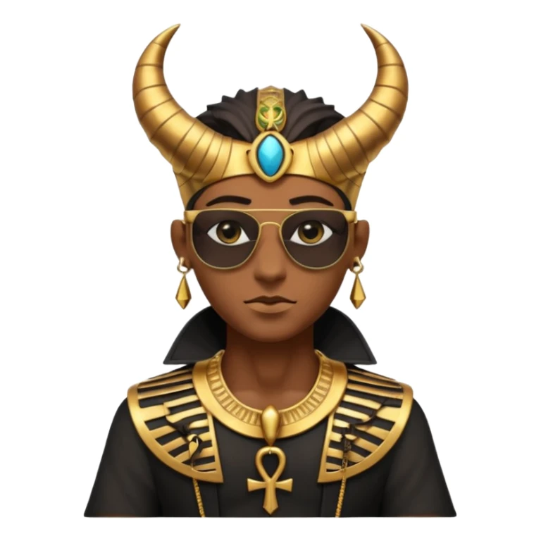 3D cartoon horned character portrait, wearing sunglasses, gothic ancient Egyptian style, pharaoh collar, dark gold and black outfit, ankh symbols, Egyptian jewelry, mysterious expression, soft dramatic lighting, centered, clean background, no text, no watermark sticker