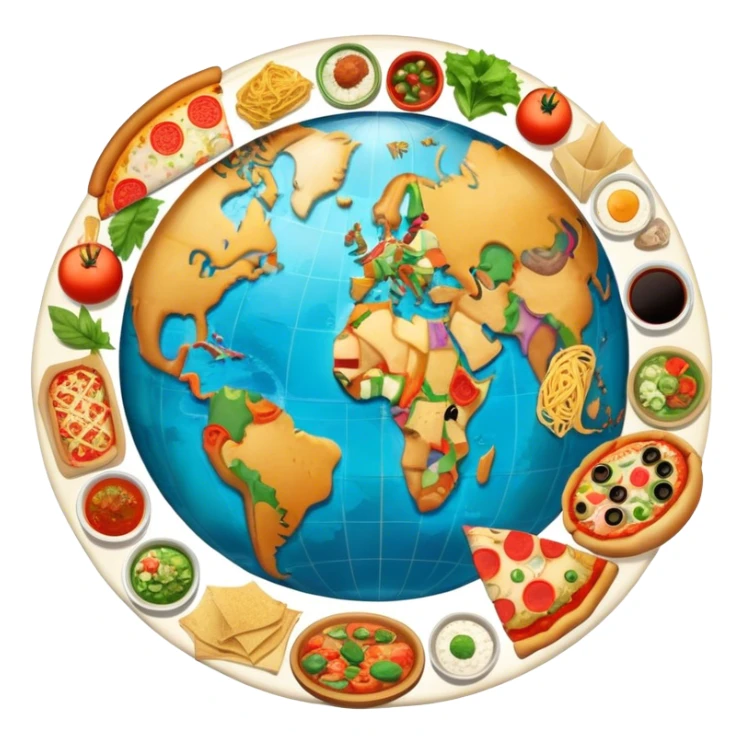 Icon for Gastronomic Tourism: a globe with various cuisines from around the world, such as pizza, sushi, tacos, and pasta, surrounded by food-related travel elements like a fork, knife, and map. Transparent background. sticker