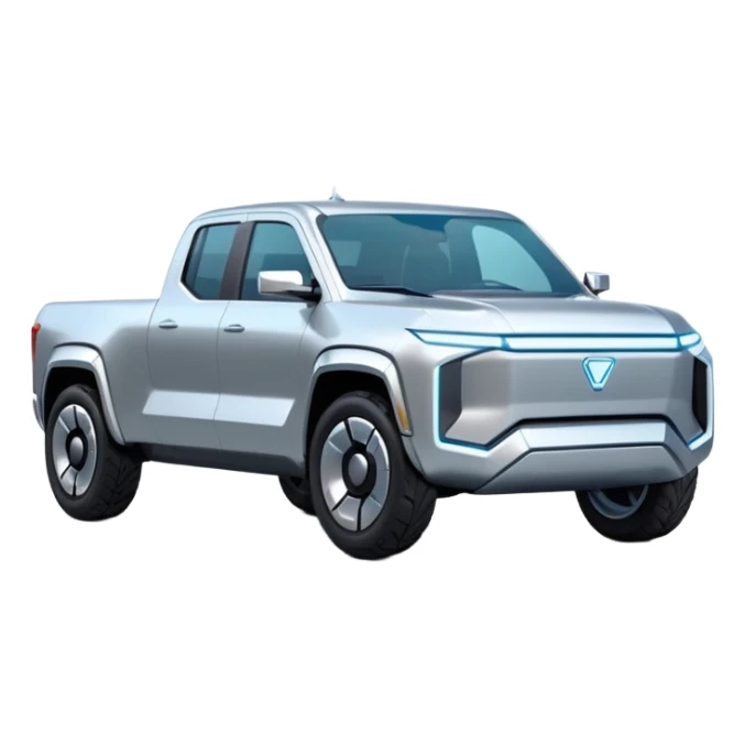 A futuristic electric pickup truck emoji, silver chrome body, angular cyber design, smooth metallic panels, subtle reflections, minimalistic proportions, iOS emoji style, centered composition, clean white background, soft lighting sticker