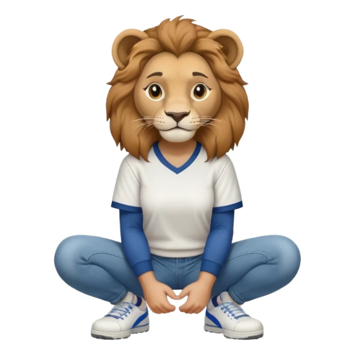 friendly anthropomorphised female lion wearing a baseball shirt, jeans, and trainers, in a squat position, empty hands sticker