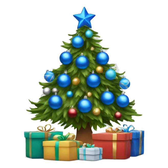 Christmas tree with blue ornaments, lights and with gifts wrap under the tree sticker