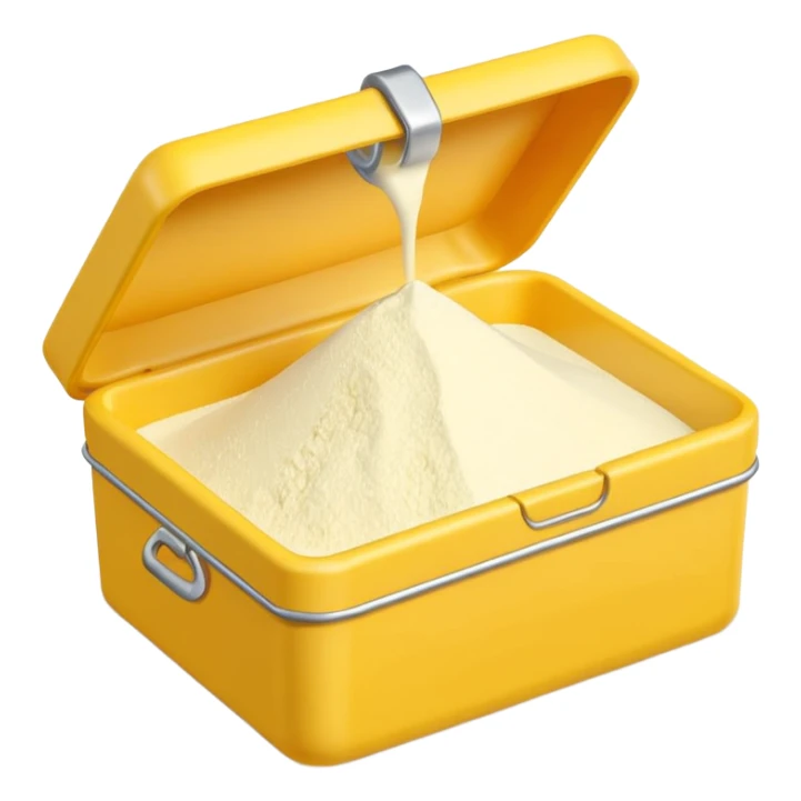 cornstarch in tin or box, simple lid, open, fine white powder inside, clean minimal yellow or neutral container, no branding, no spoon, no faces, clean 3D style, soft shadows, transparent background, emoji scale sticker