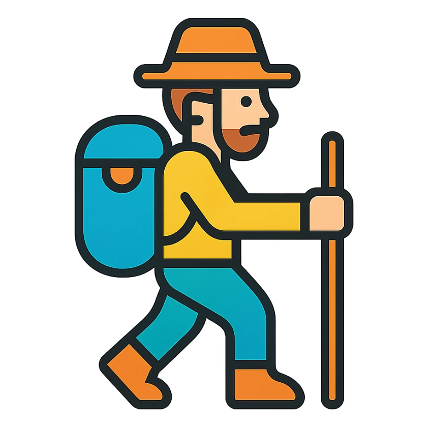 color outline icon of an explorer with a walking stick sticker