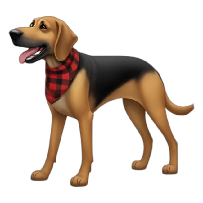 adult 75% Coonhound 25% German Shepherd mix dog with visible tail wearing small pointed red buffalo plaid bandana full body walking left quickly sticker