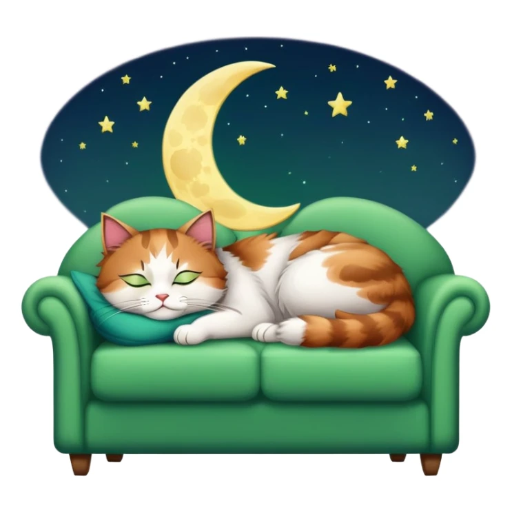 tricolor fluffy cat with big green eyes sleeping on a sofa with a moon above her sticker